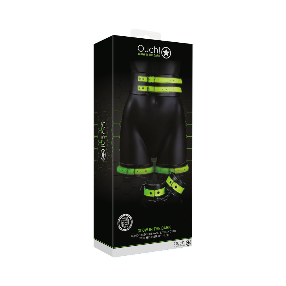 Ouch! Glow in the Dark 5-Piece Bonded Leather Thigh & Handcuffs With Belt Restraint Neon Green L/XL - Fantasies Boutique