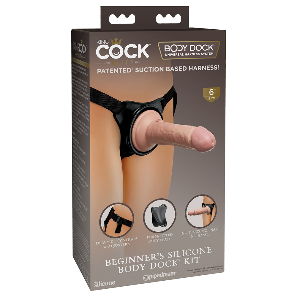 King Cock Elite Beginner's Silicone Body Dock Kit With Dildo Beige/Black - Fantasies Boutique