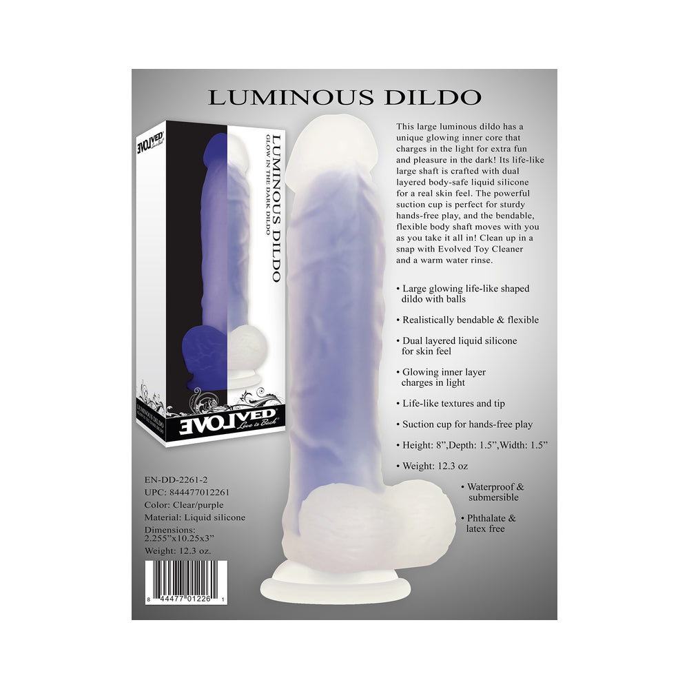 Evolved Luminous Poseable Glow in the Dark 8 in. Dildo With Balls Clear/Purple - Fantasies Boutique