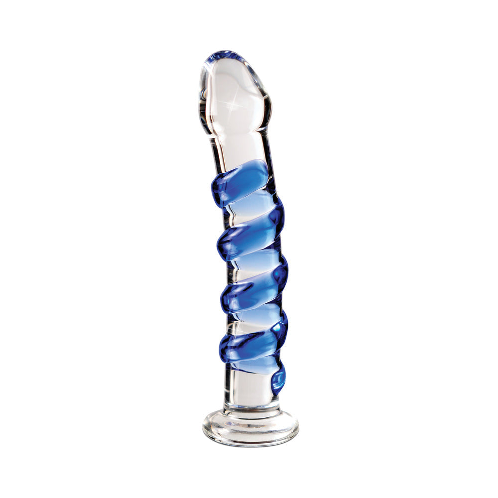 Icicles No. 5 Curved Ribbed 7 in. Glass Dildo Blue/Clear