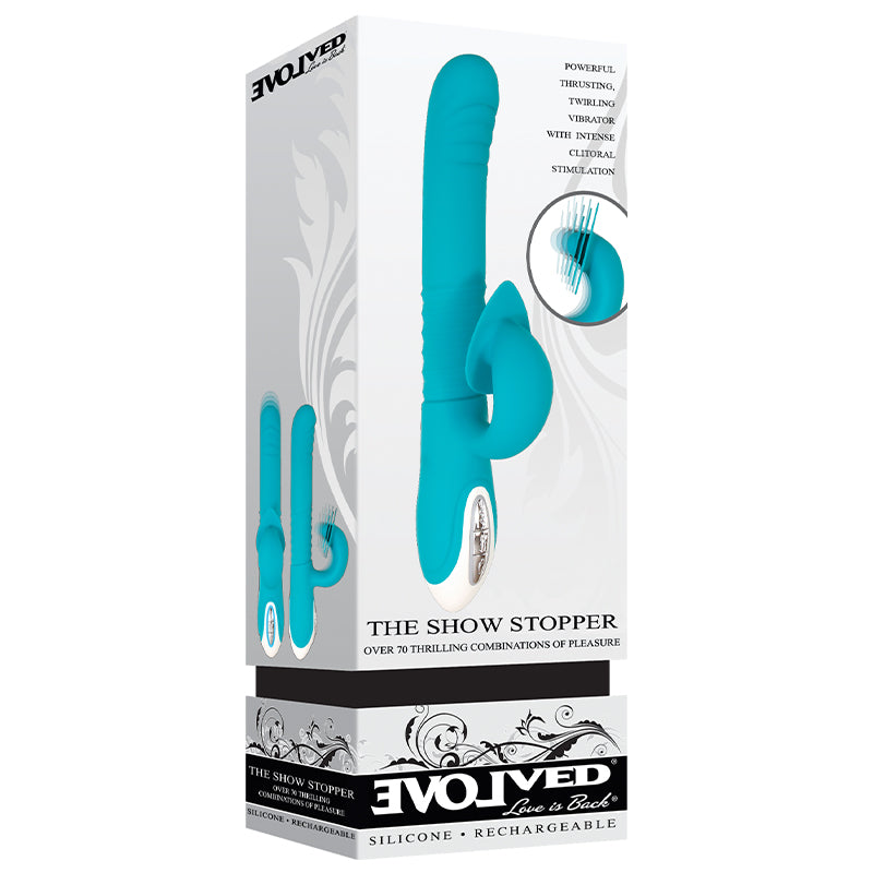Evolved The Show Stopper Rechargeable Thrusting Twirling Dual Stimulator Teal - Fantasies Boutique