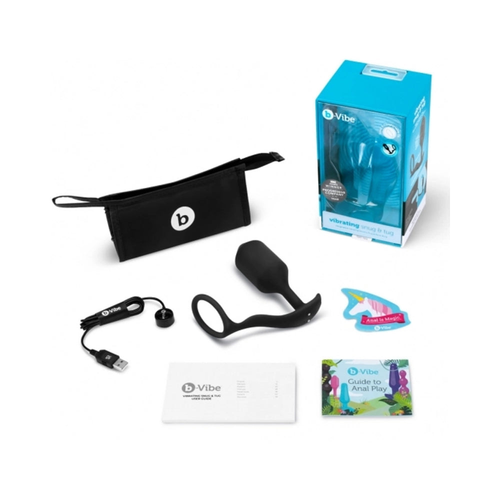 b-Vibe Vibrating Snug & Tug Rechargeable Weighted Silicone Anal Plug with Cockring XL Black - Fantasies Boutique