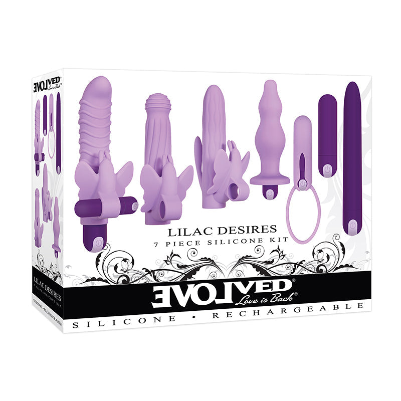 Evolved Lilac Desires 7-Piece Rechargeable Silicone Vibrator and Sleeve Set Purple - Fantasies Boutique