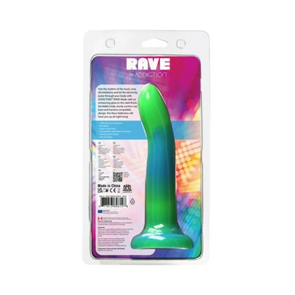 Addiction Rave Bendable 8 in. Silicone Dildo Glow in the Dark Blue Green - Fantasies Boutique