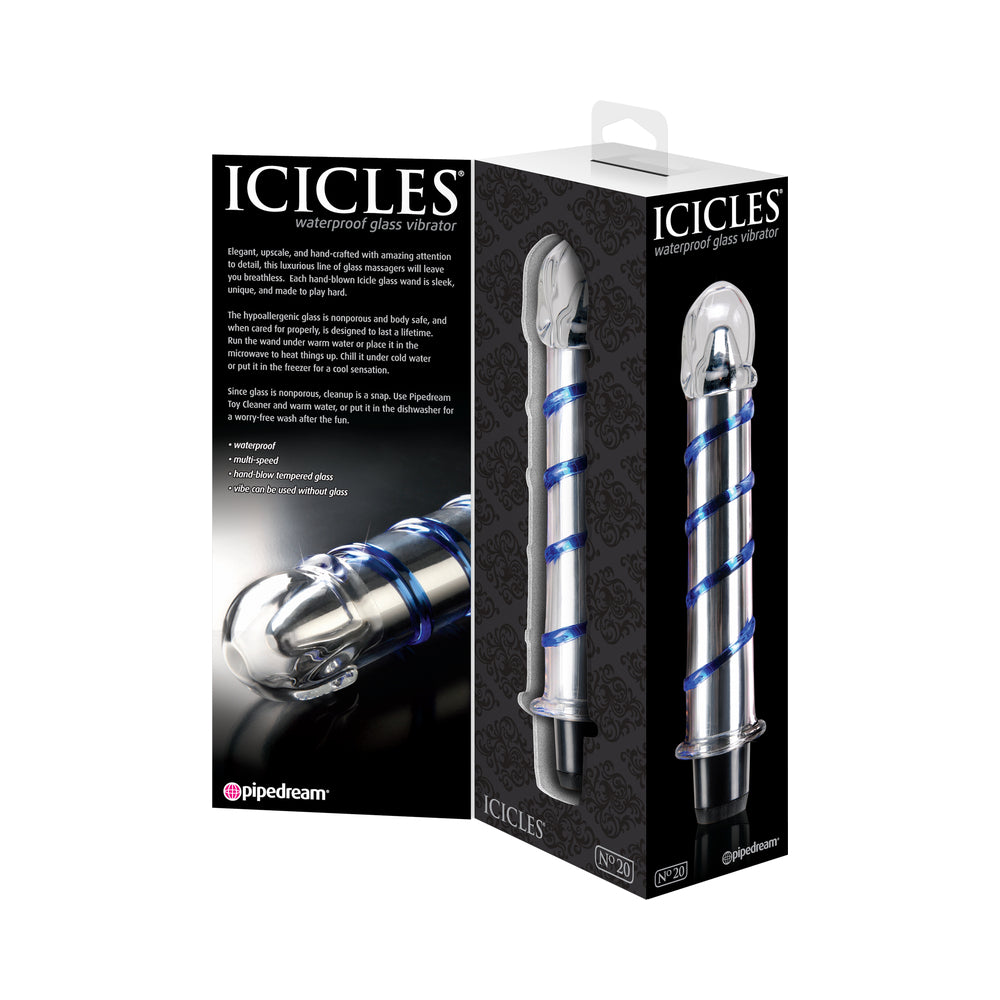 Icicles No. 20 Ribbed Vibrating 7.5 in. Glass Dildo Blue/Clear - Fantasies Boutique