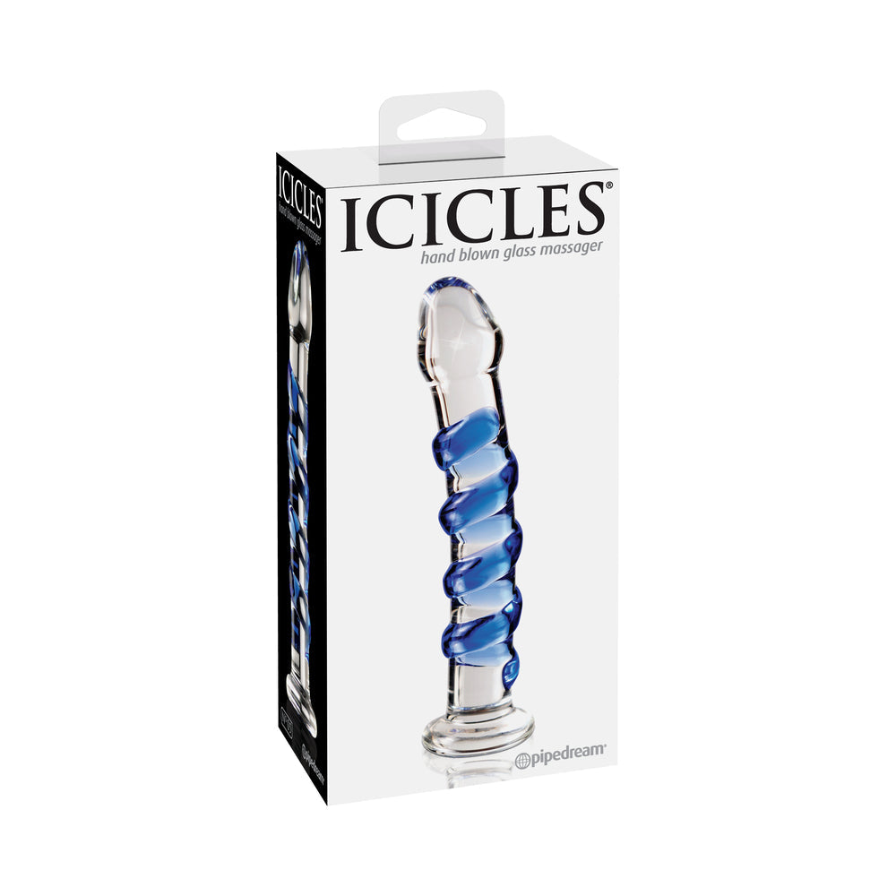Icicles No. 5 Curved Ribbed 7 in. Glass Dildo Blue/Clear - Fantasies Boutique
