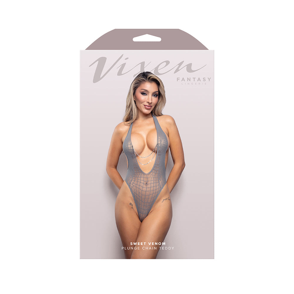 Fantasy Lingerie Vixen Sweet Venom Halter Plunge Teddy with Detachable Chains Gray O/S