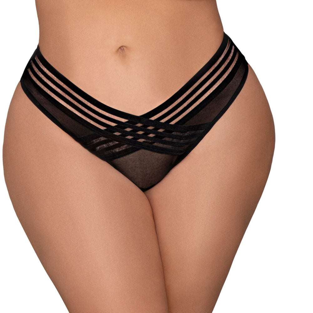 Dreamgirl Mesh Thong with Shadow Stripe Elastic Front Detail Black 2X Hanging - Fantasies Boutique