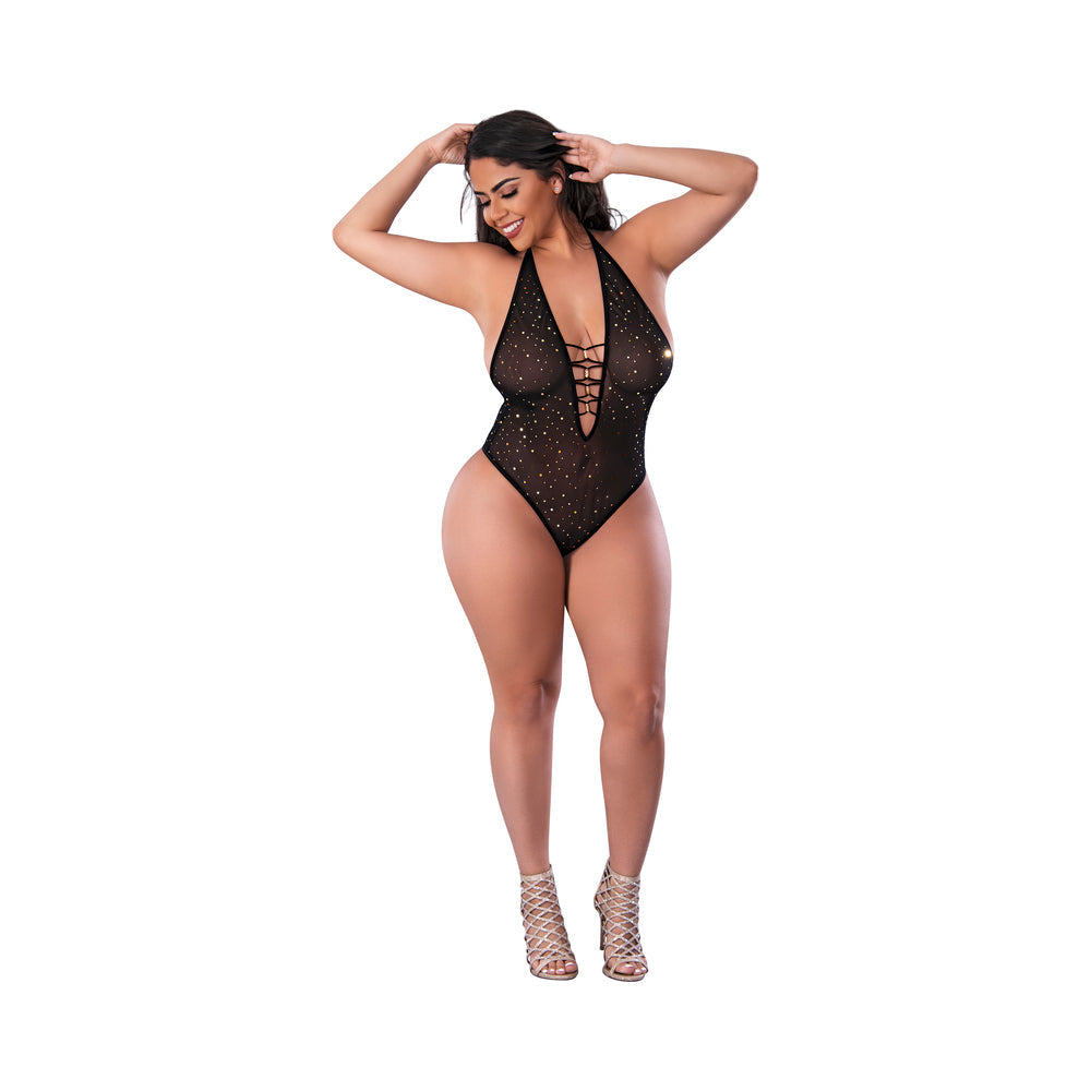 Magic Silk Glitz & Glam Bodysuit with Snap Crotch Black Queen Size - Fantasies Boutique