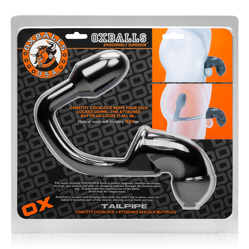OxBalls Tailpipe, Chastity Cock-Lock And Attacehd Buttplug, Black - Fantasies Boutique