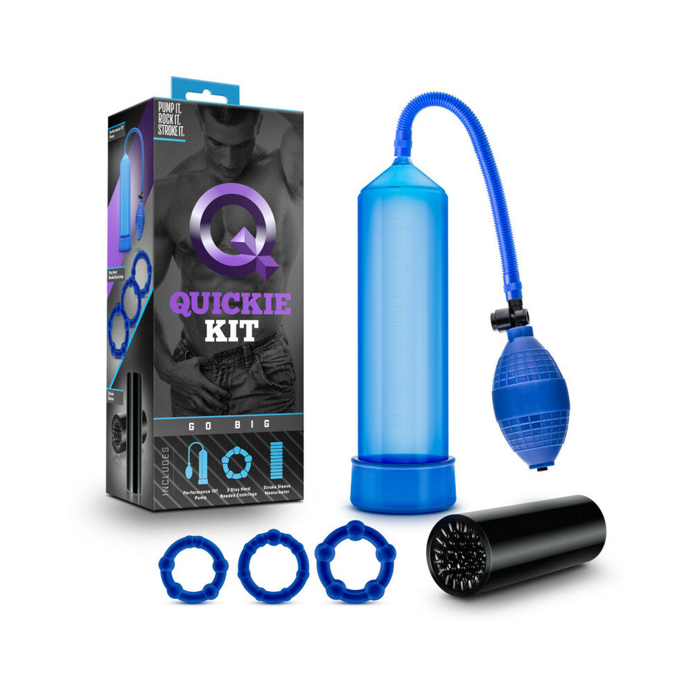 Quickie Kit Go Big Pump, Stroker & 3-Piece Cockring Set Blue - Fantasies Boutique