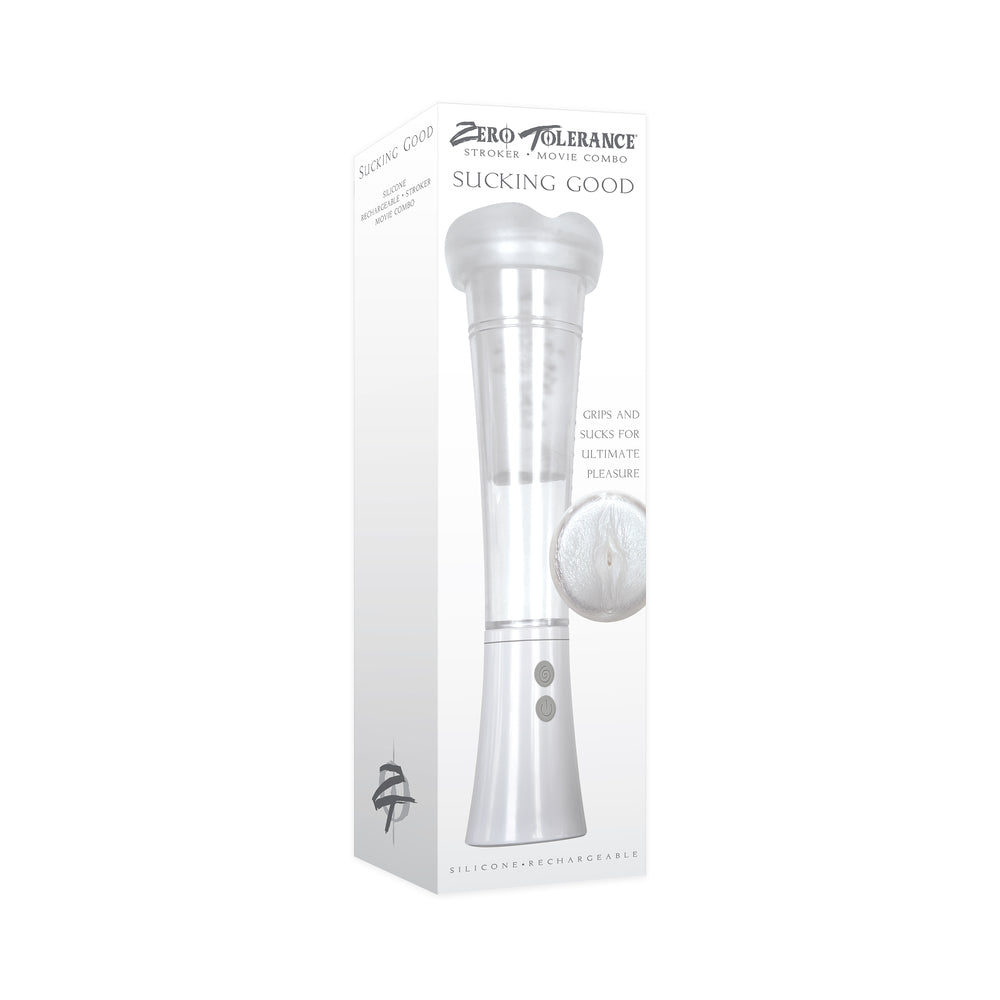 Zero Tolerance Sucking Good Rechargeable Vibrating Vacuum Pump Stroker Clear/White - Fantasies Boutique