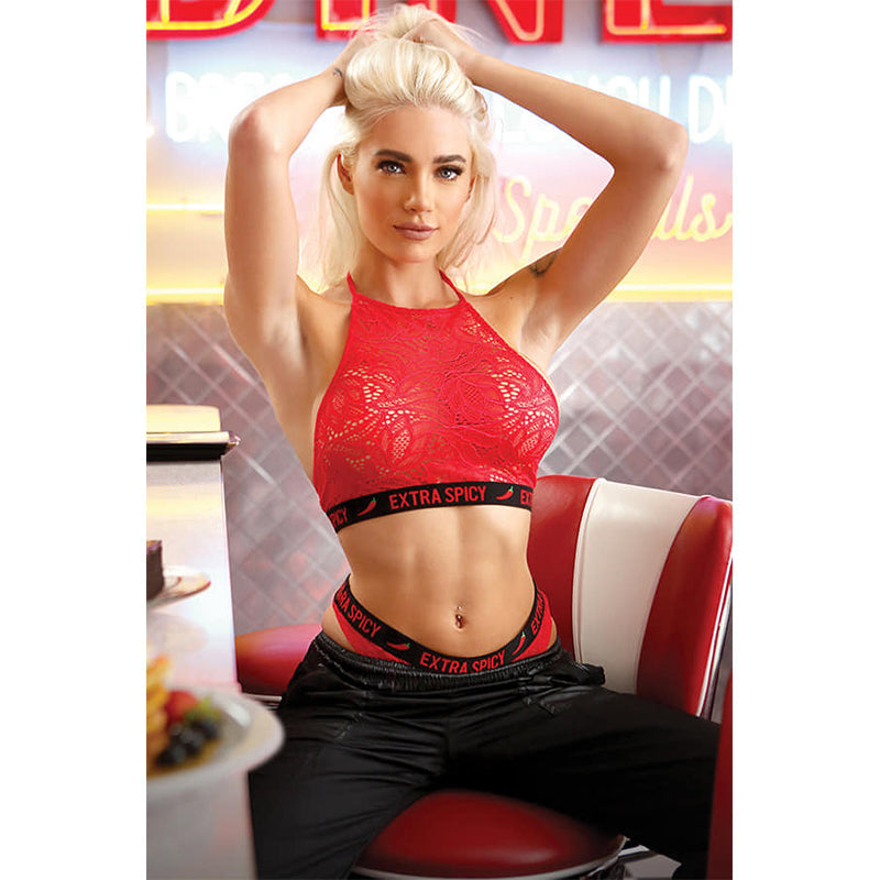 Fantasy Lingerie Vibes Extra Spicy Lace Halter Top & Cheeky Panty Red S/M - Fantasies Boutique