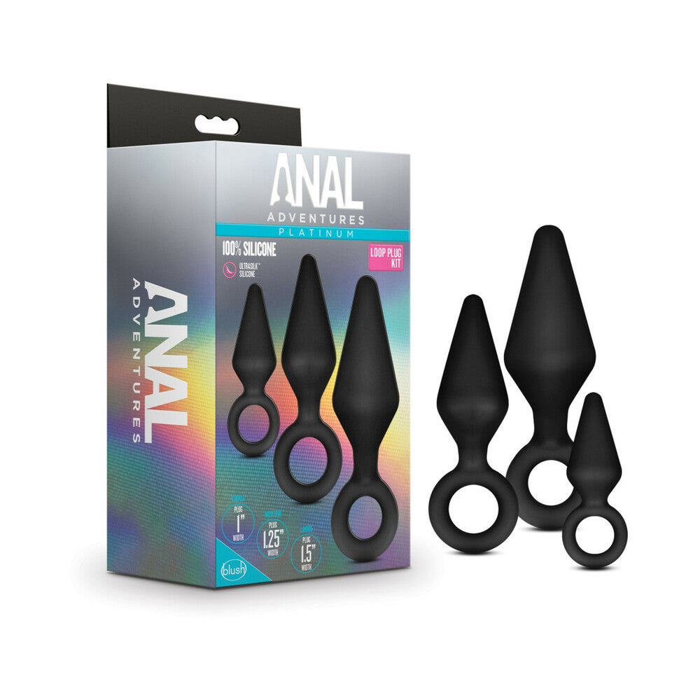 Blush Anal Adventures Platinum Silicone 3-Piece Loop Plug Kit Black - Fantasies Boutique