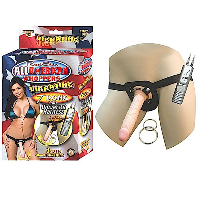All American Whoppers 7in. Vibrating Dong With Universal Harness - Fantasies Boutique