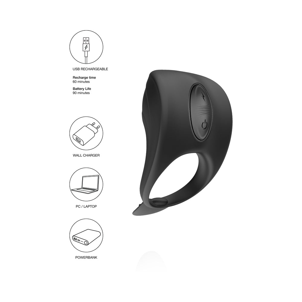 ElectroShock Rechargeable Silicone Cockring With Clitoral E-Stimulation Massager Black