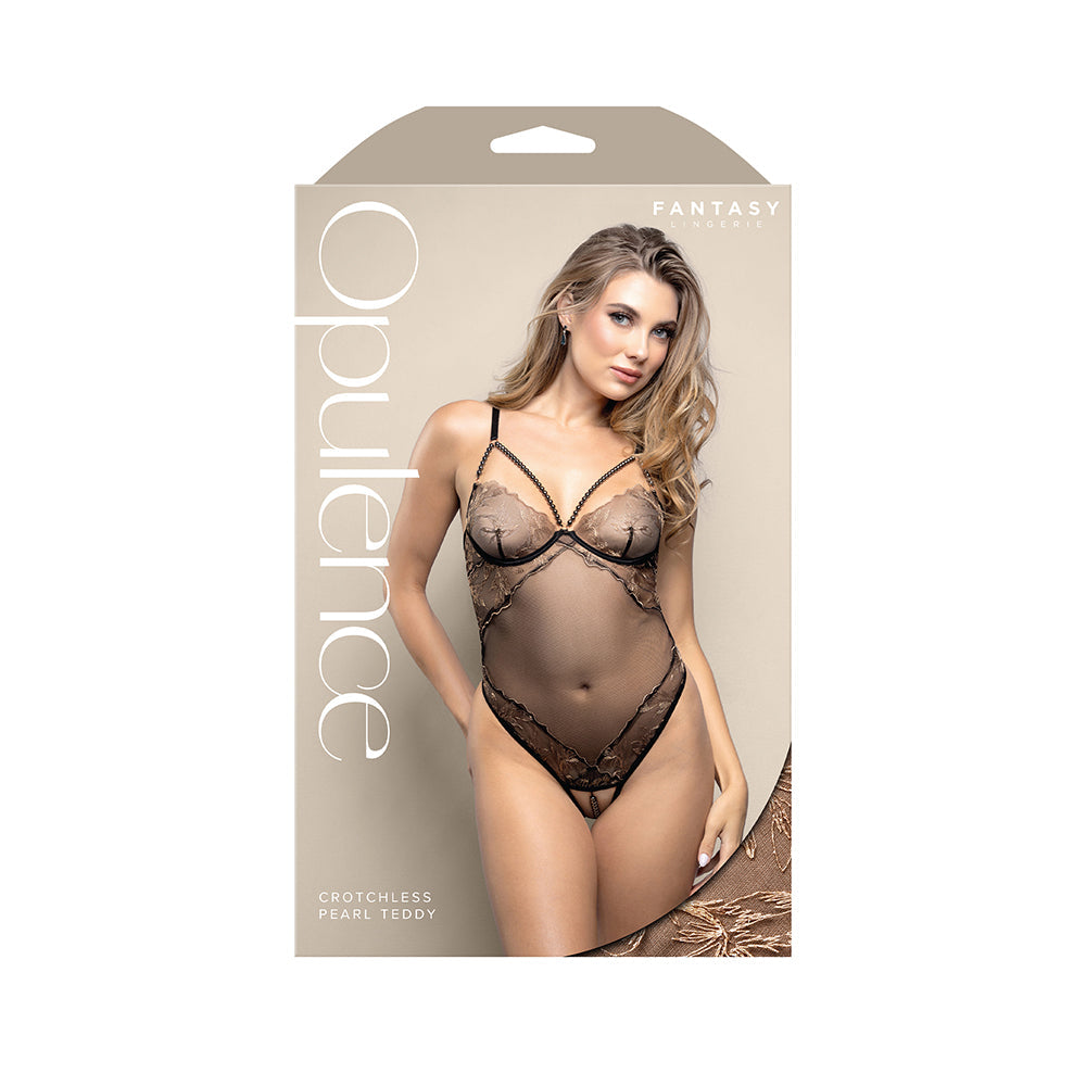Fantasy Lingerie Opulence Crotchless Pearl Cage Neckline Teddy with Adjustable Pearl G-String Black S/M