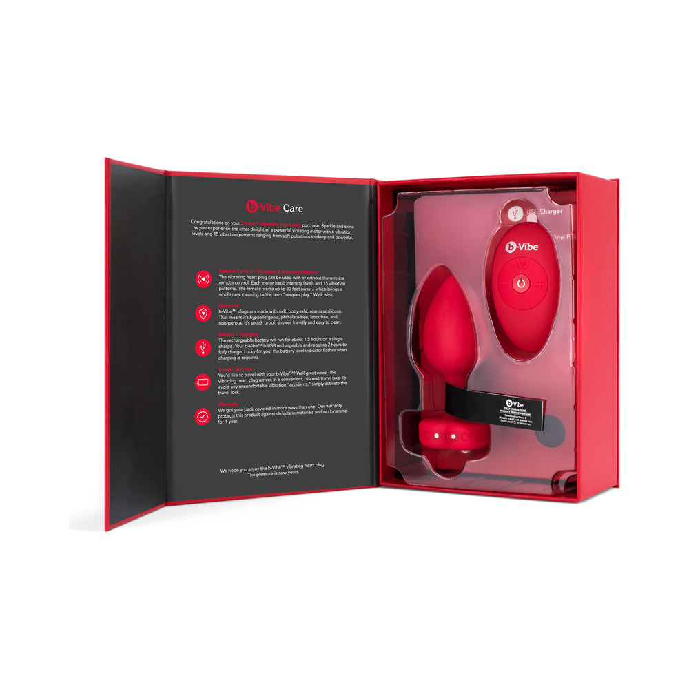 b-Vibe Vibrating Heart Anal Plug with Heart-Shaped Jewel Base M/L Red - Fantasies Boutique