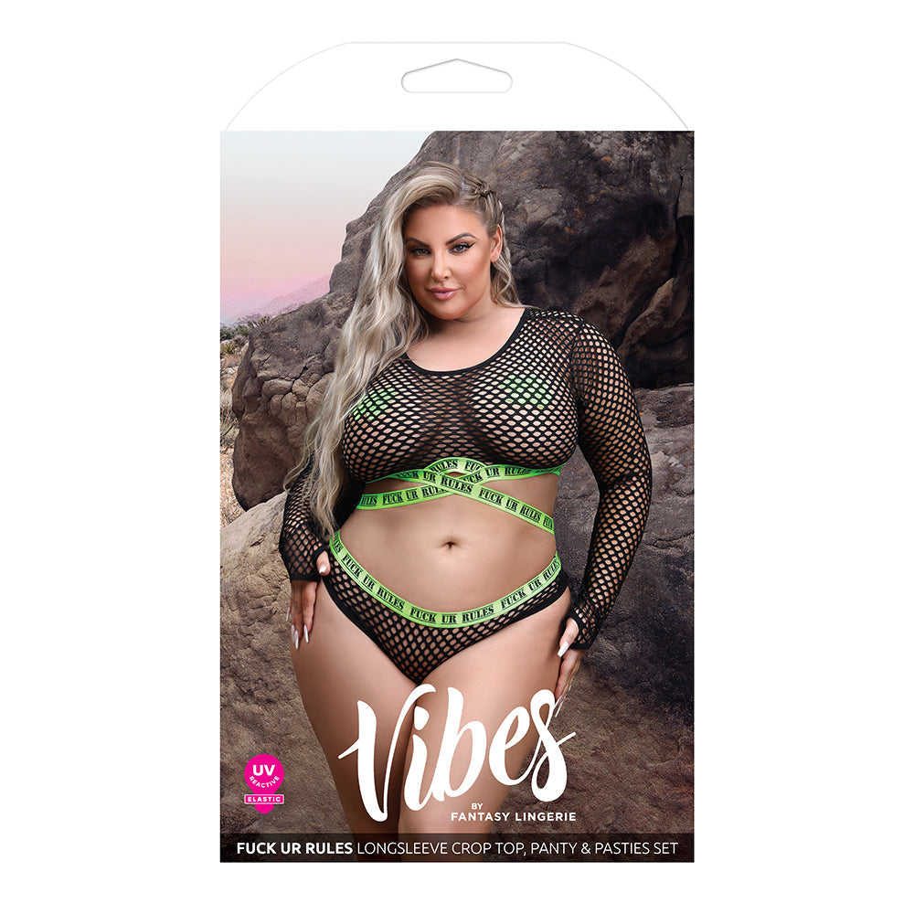 Vibes Fuck Ur Rules UV Reactive Longsleeve Fishnet Top, Panty, Pasties Black Queen - Fantasies Boutique
