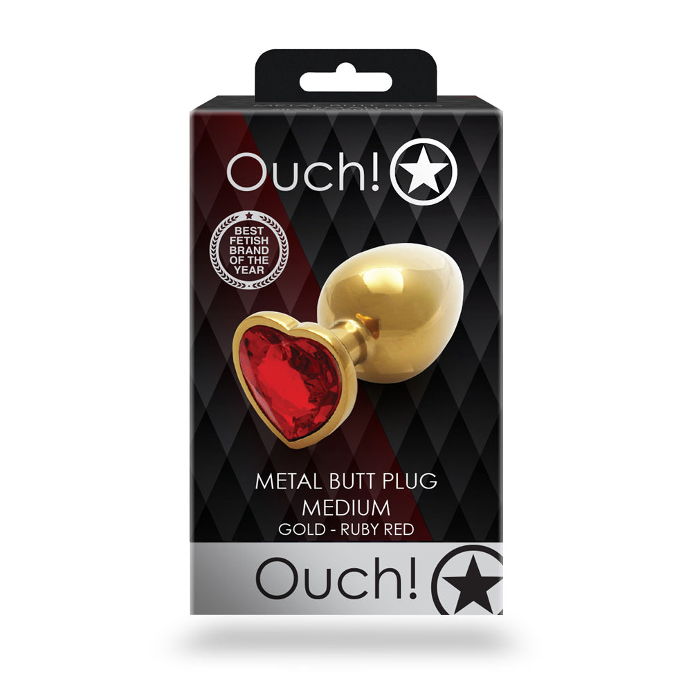 Shots Ouch! Heart Gem Butt Plug Medium Gold/Ruby Red - Fantasies Boutique