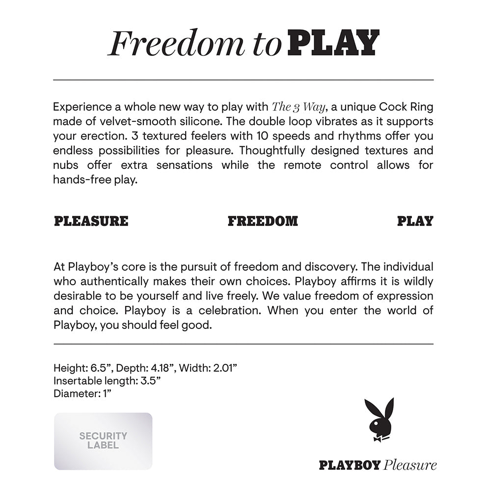 Playboy The 3 Way Rechargeable Remote Controlled Vibrating Silicone Cockring with Stimulator Black - Fantasies Boutique