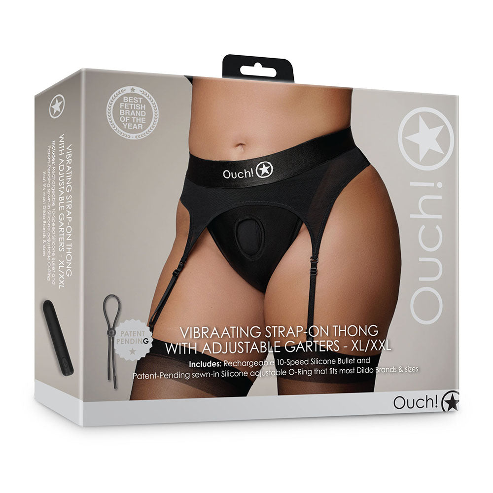 Ouch! Vibrating Strap-on Thong with Adjustable Garters Black XL/2XL - Fantasies Boutique