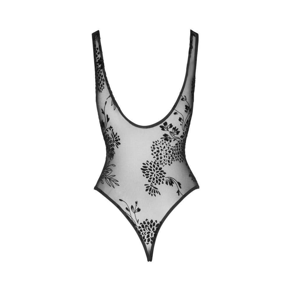 Noir Handmade Tulle Bodysuit With Patterned Flock Embroidery M - Fantasies Boutique