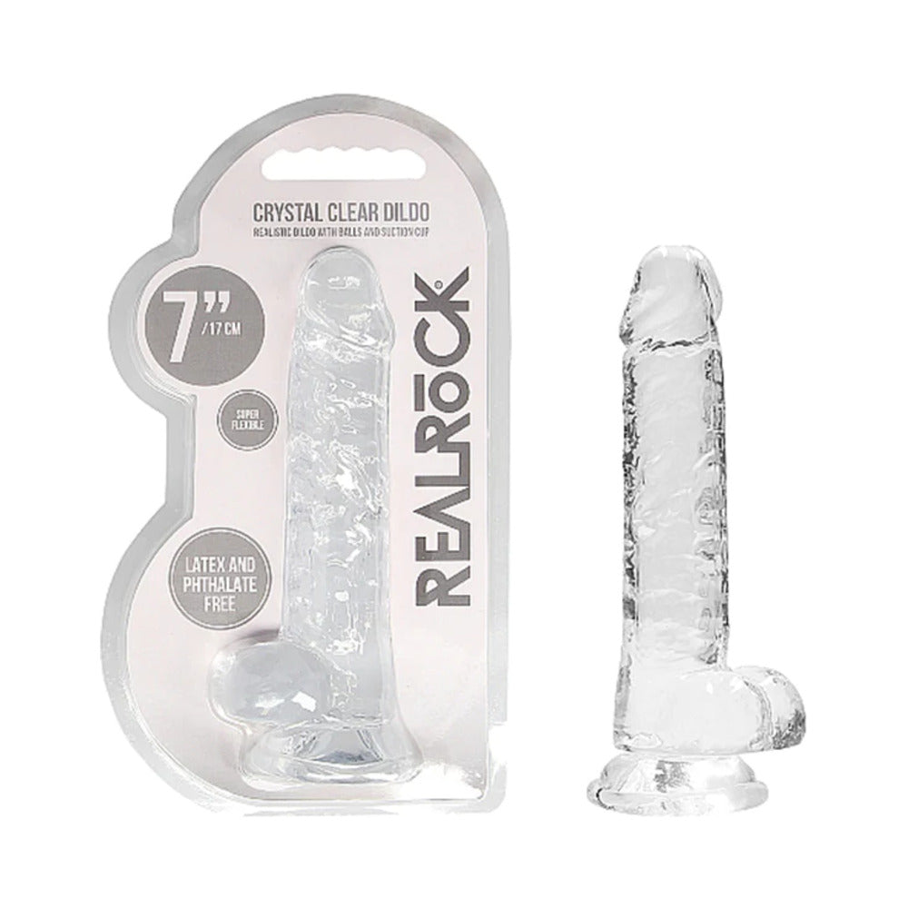 RealRock Crystal Clear Realistic 7 in. Dildo With Balls and Suction Cup Clear - Fantasies Boutique