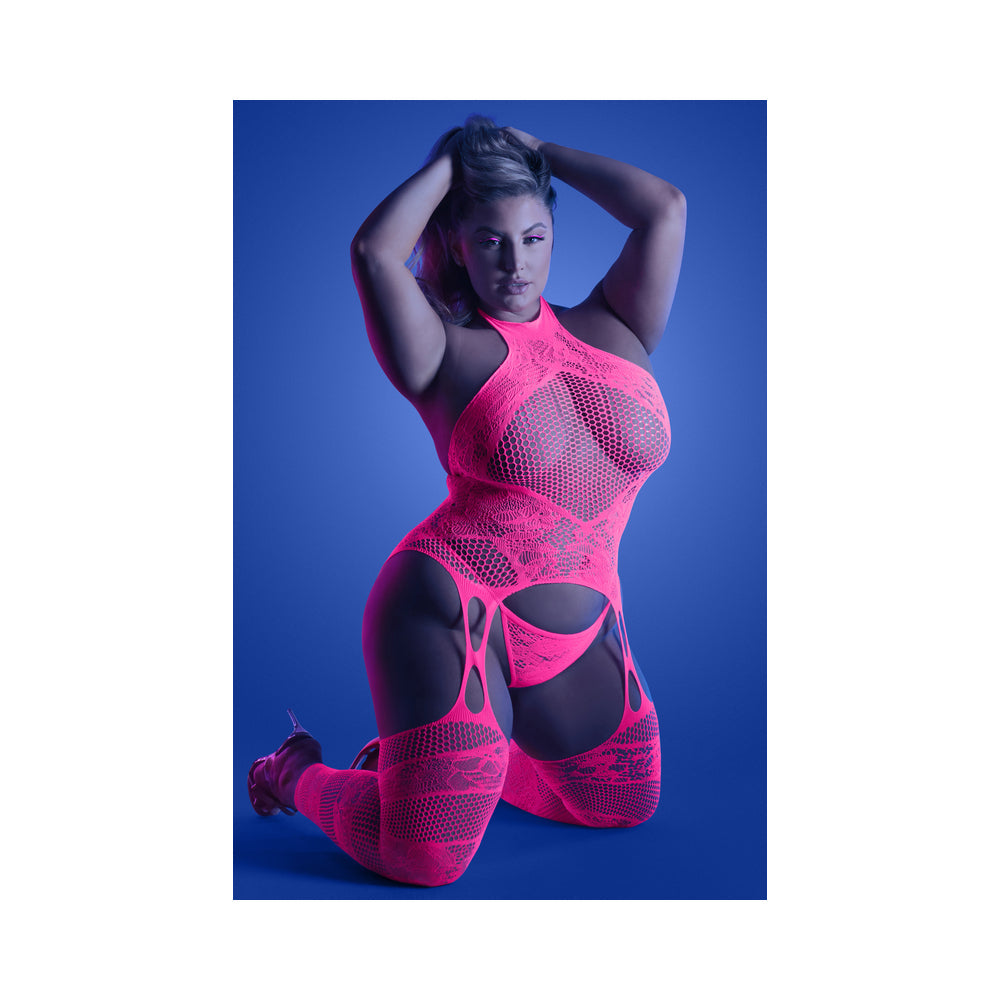 Fantasy Lingerie Glow Captivating High Neck Halter Bodystocking & G-String Set Neon Pink Queen Size - Fantasies Boutique