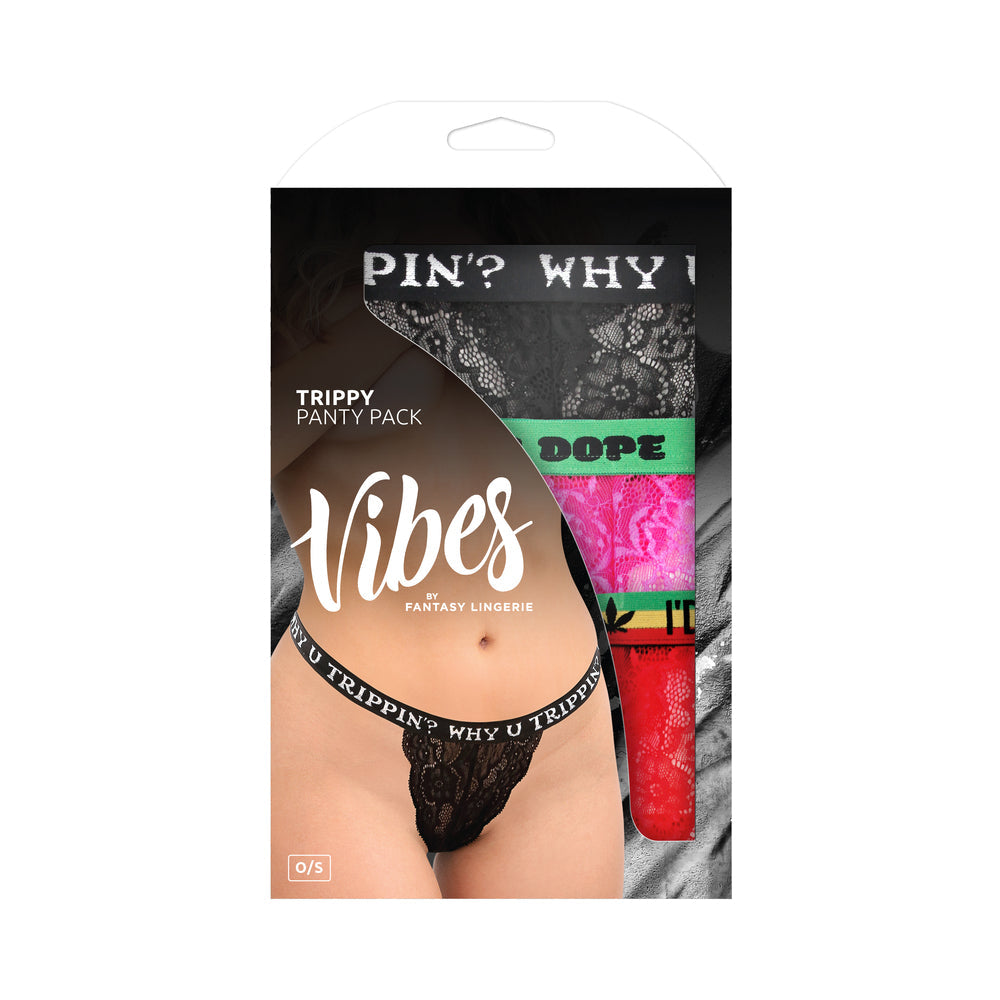 Fantasy Lingerie Vibes Trippy Vibes Pack 3-Piece Lace Thong Panty Set Black/Red/Pink O/S - Fantasies Boutique