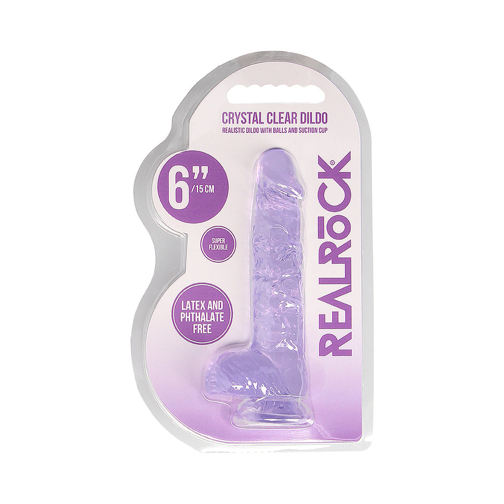 RealRock Crystal Clear Realistic 6 in. Dildo With Balls and Suction Cup Purple - Fantasies Boutique