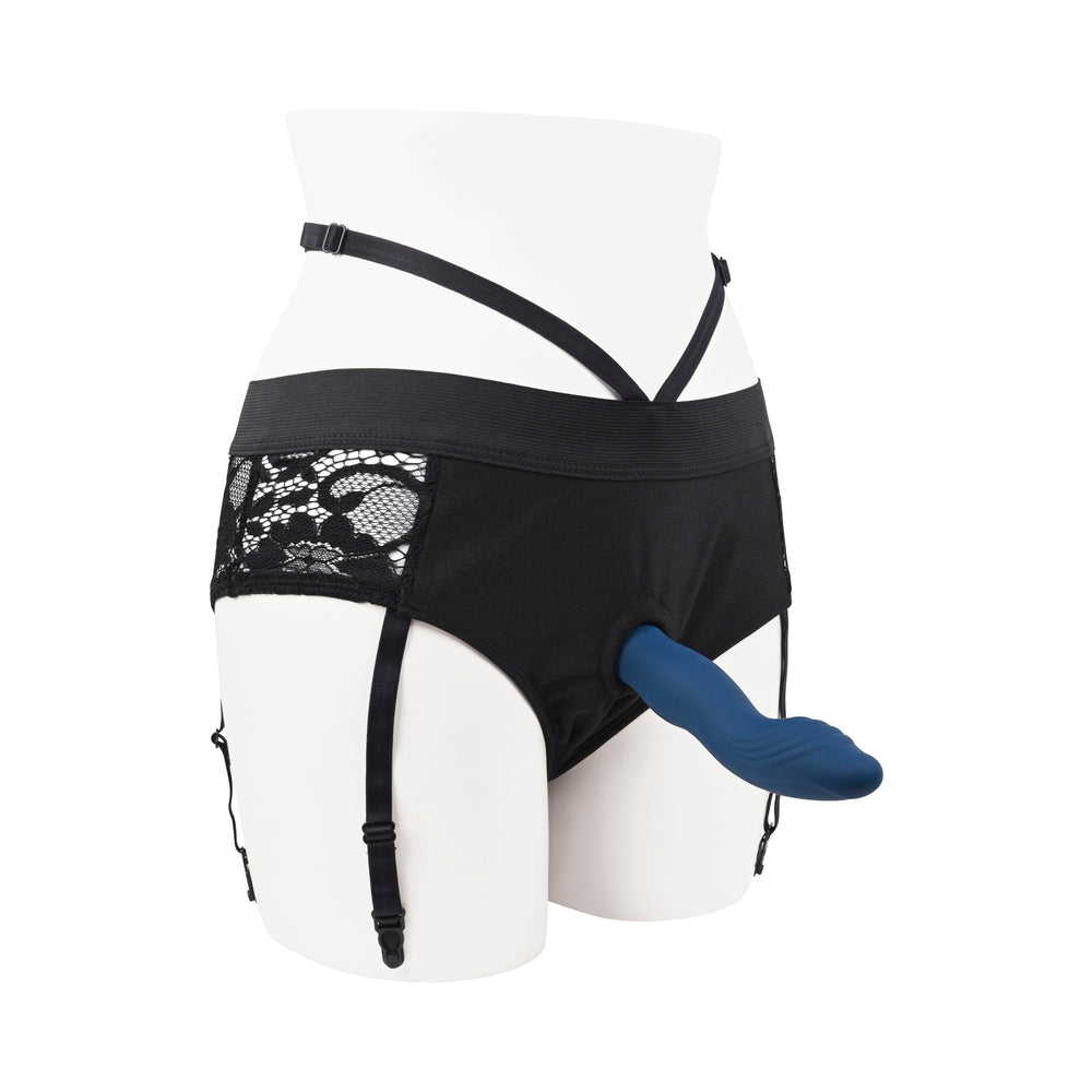 Gender X Snuggle Up Vibrating 7 in. Dildo and Lingerie-Style Strap-On Harness Set Blue/Black