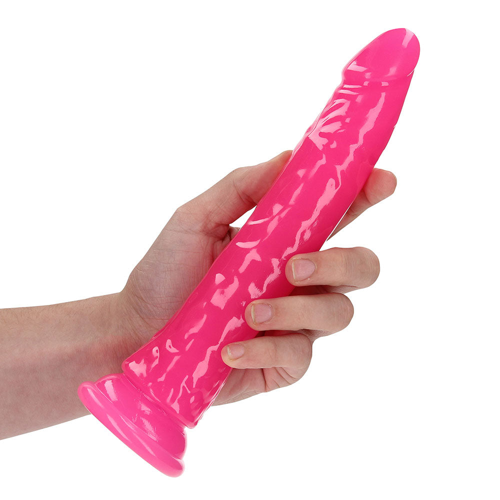 RealRock Glow in the Dark Slim 9 in. Dildo Neon Pink - Fantasies Boutique