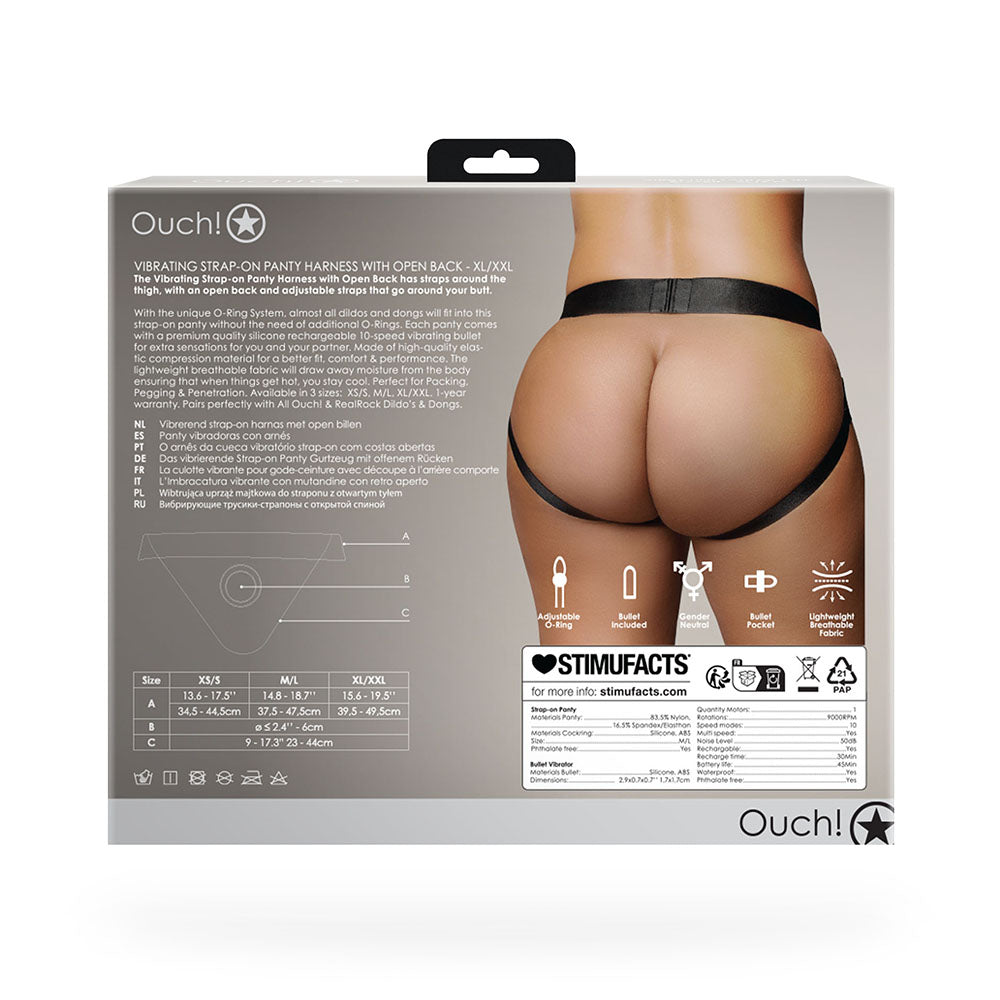 Ouch! Vibrating Strap-on Panty Harness with Open Back Black XL/2XL - Fantasies Boutique