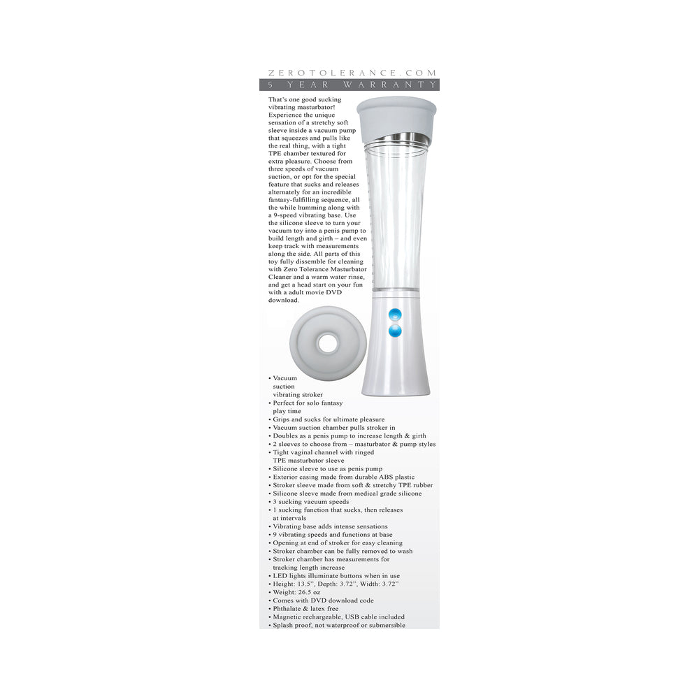 Zero Tolerance Sucking Good Rechargeable Vibrating Vacuum Pump Stroker Clear/White - Fantasies Boutique