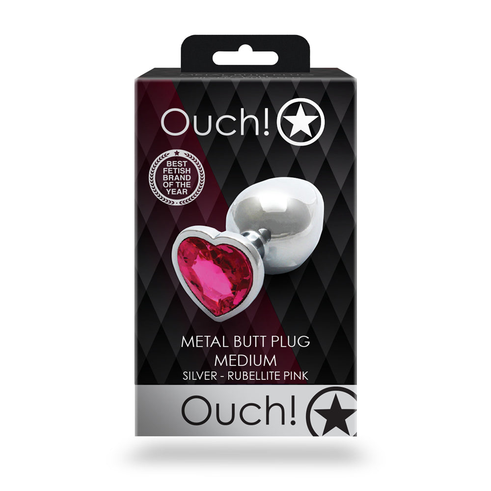 Shots Ouch! Heart Gem Butt Plug Medium Silver/Rubellite Pink - Fantasies Boutique