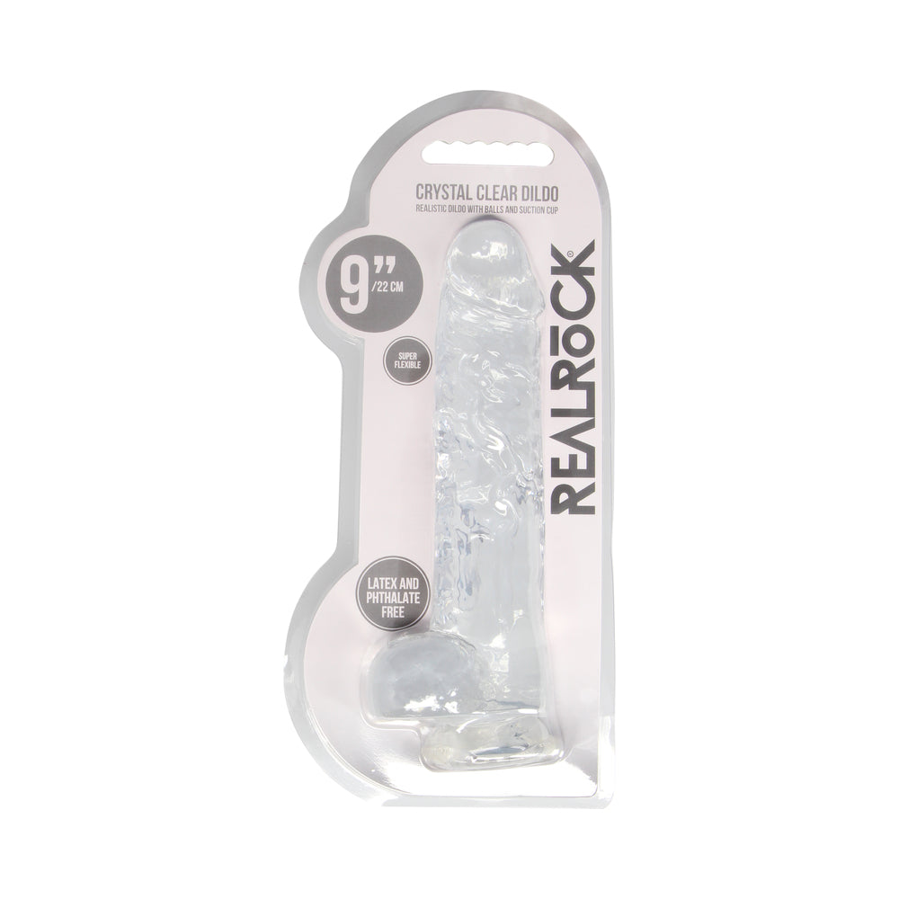 RealRock Crystal Clear Realistic 9 in. Dildo With Balls and Suction Cup Clear - Fantasies Boutique