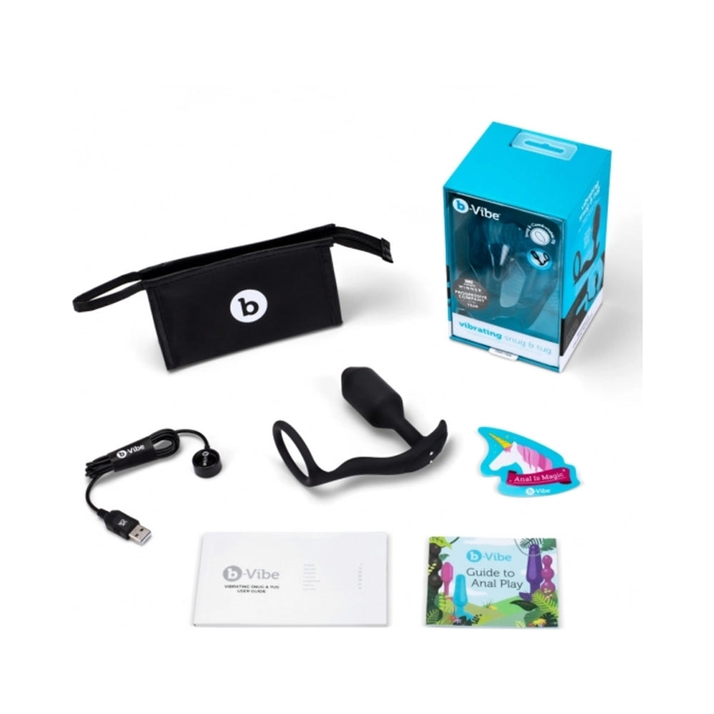 b-Vibe Vibrating Snug & Tug Rechargeable Weighted Silicone Anal Plug with Cockring M Black - Fantasies Boutique