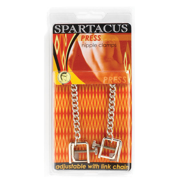 Spartacus Adjustable Press Nipple Clamps with Curbed Chain - Fantasies Boutique