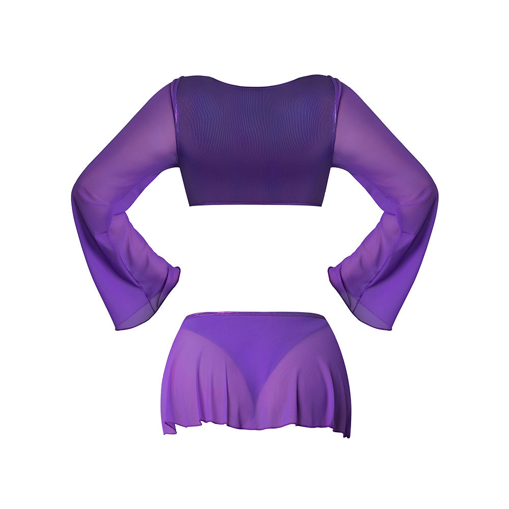 Magic Silk Glimmer LS Crop Top, Mini Skirt & Tie Side Thong Purple Disco Queen Size