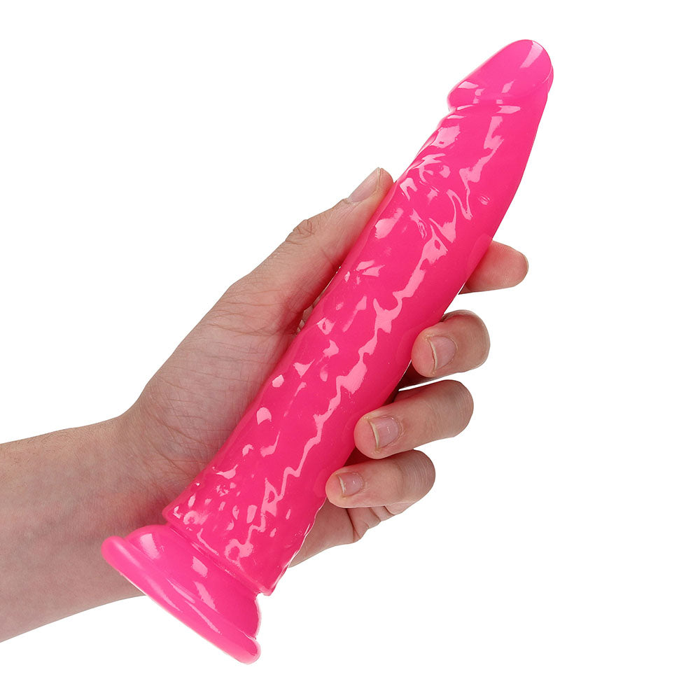 RealRock Glow in the Dark Slim 8 in. Dildo Neon Pink - Fantasies Boutique