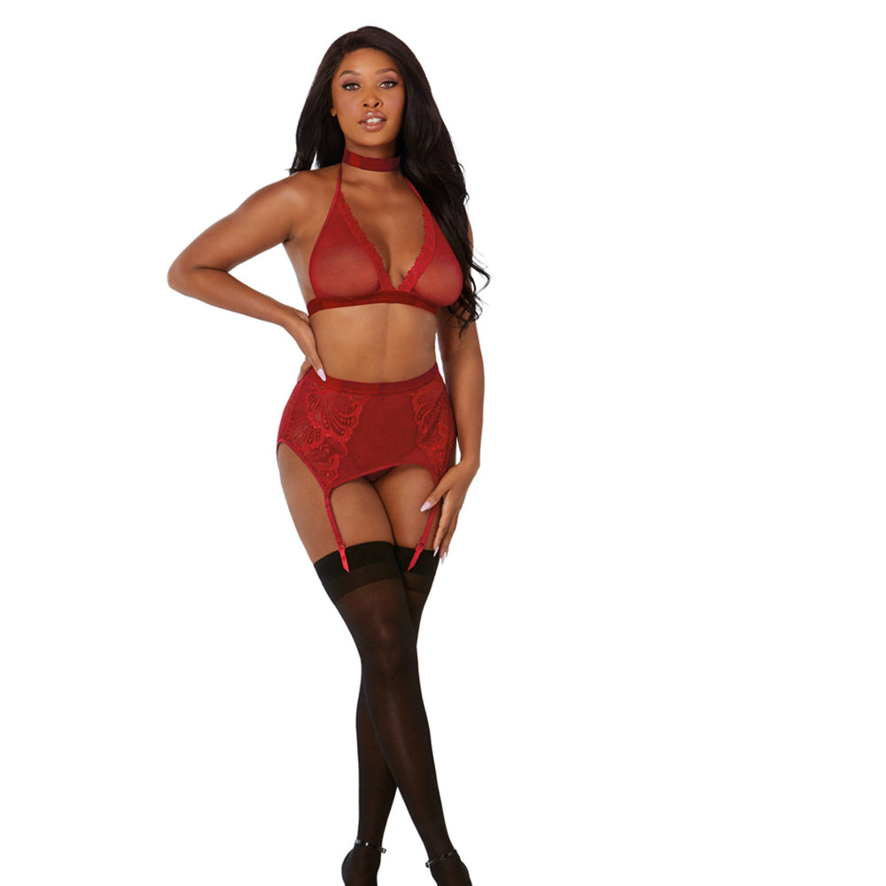 Dreamgirl Fishnet and Lace Four-Piece Set With Stretch Velvet Trim Accents Garnet OS - Fantasies Boutique