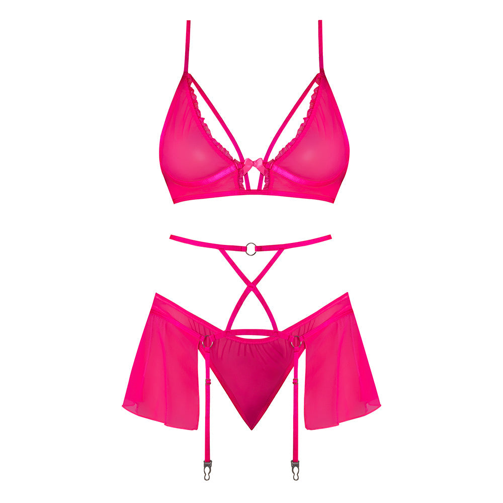 Magic Silk Pink Kink Bralette, High Leg Panty & Garter Skirt Set Pink Glow Queen Size