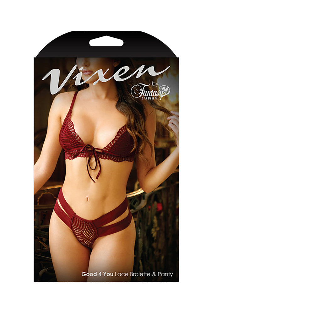 Fantasy Lingerie Vixen Good 4 You Lace Triangle Bralette & Panty Burgundy O/S - Fantasies Boutique