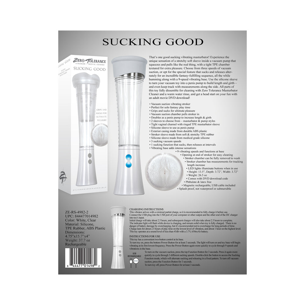 Zero Tolerance Sucking Good Rechargeable Vibrating Vacuum Pump Stroker Clear/White - Fantasies Boutique