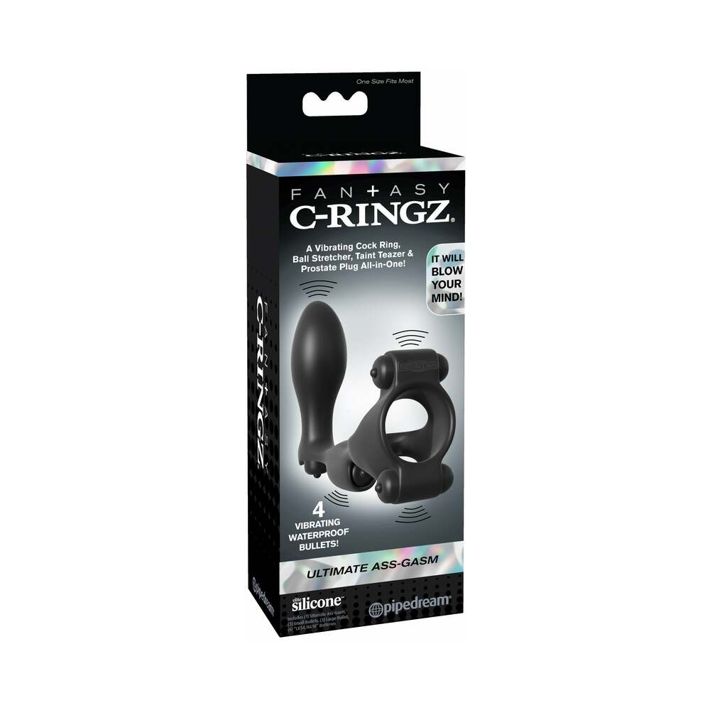 Fantasy C-Ringz Ultimate Ass-Gasm Vibrating Silicone Cockring With Anal Plug Black - Fantasies Boutique