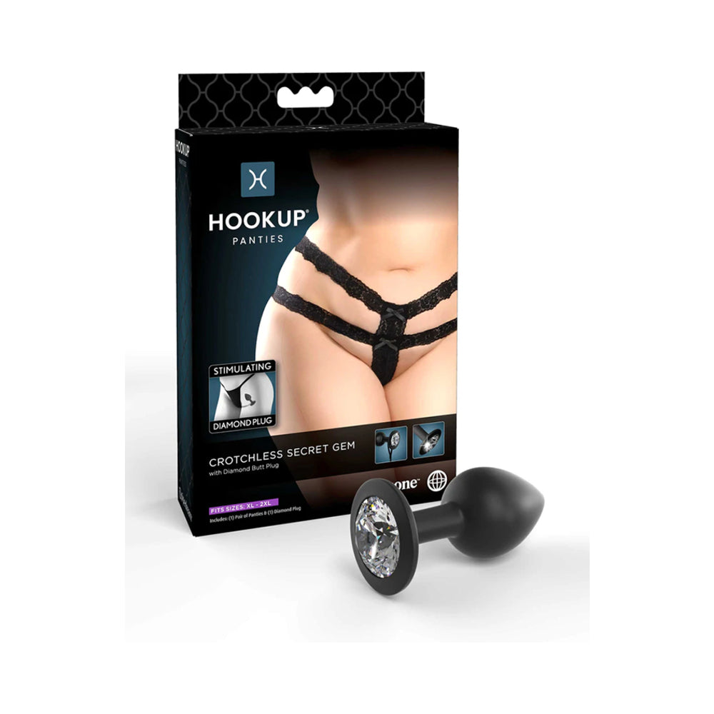 Hookup Panties Crotchless Secret Gem With Diamond Silicone Anal Plug Black XL-XXL - Fantasies Boutique