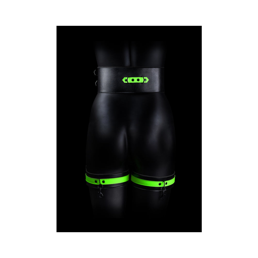 Ouch! Glow in the Dark 5-Piece Bonded Leather Thigh & Handcuffs With Belt Restraint Neon Green L/XL - Fantasies Boutique