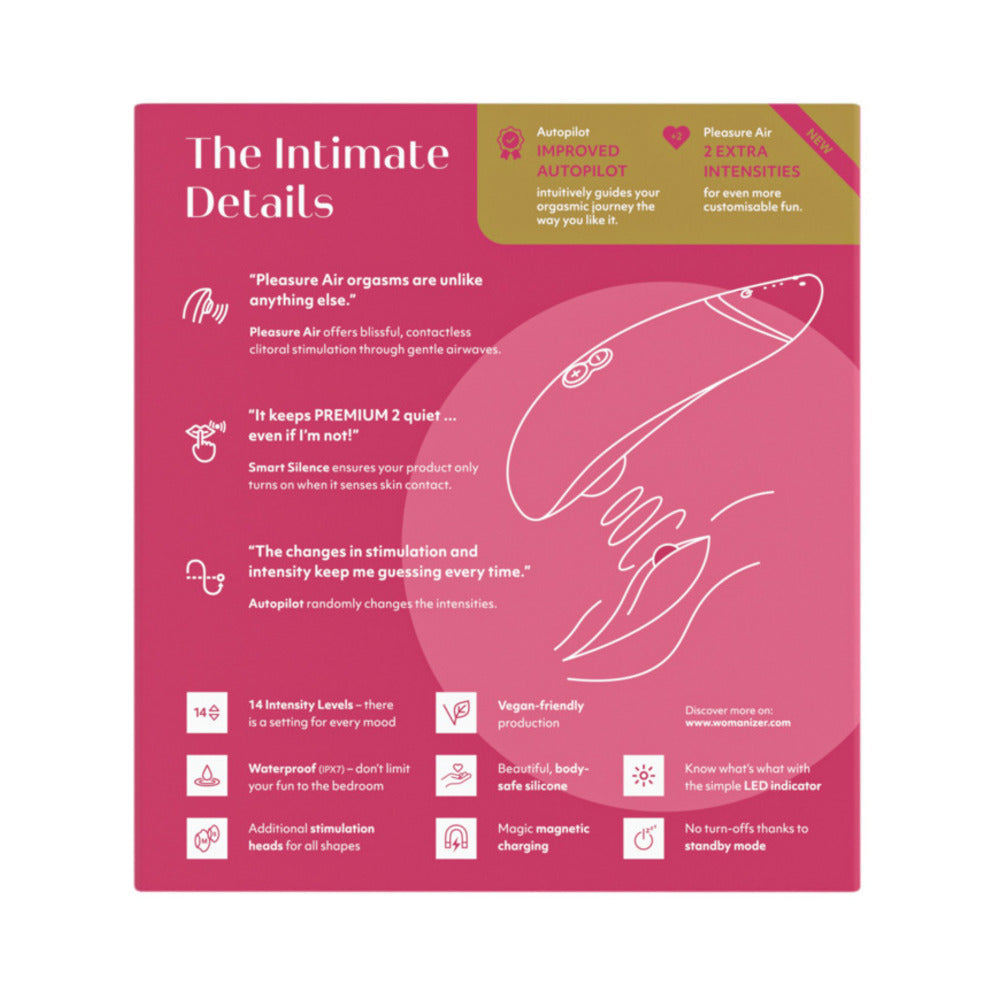 Womanizer Premium 2 Rechargeable Silicone Luxurious Pleasure Air Clitoral Stimulator Raspberry - Fantasies Boutique