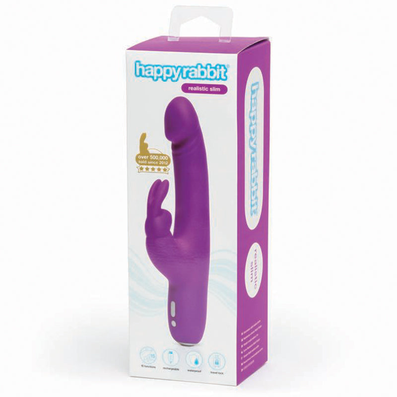 Happy Rabbit Realistic Slim Rechargeable Silicone Slimline Rabbit Vibrator Purple - Fantasies Boutique